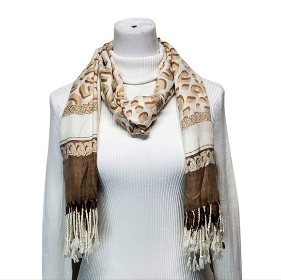 Pashmina Scarf Off-white & Beige Cougar Pattern - Picture 1 of 8